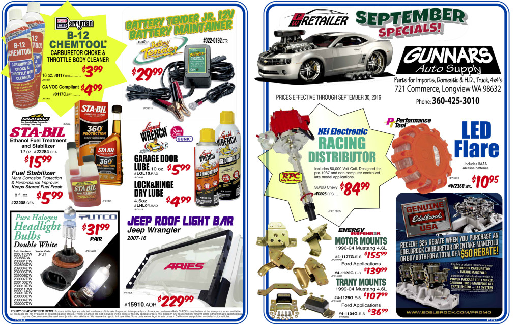 Gunnars Auto Supply September Sales